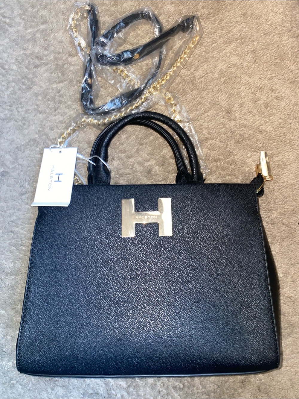 Halston Heritage Black Top-Handle Satchel with Gold H Accent